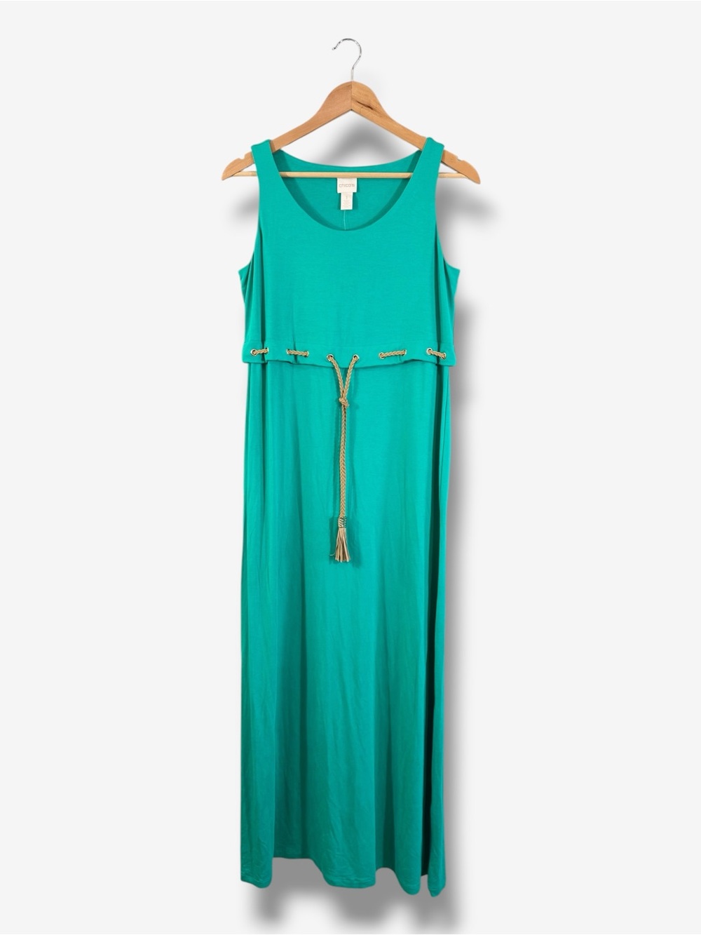 Chico’s Green Maxi Dress Size 1 (US M) Braided Tie Waist Tassel Casual Chic